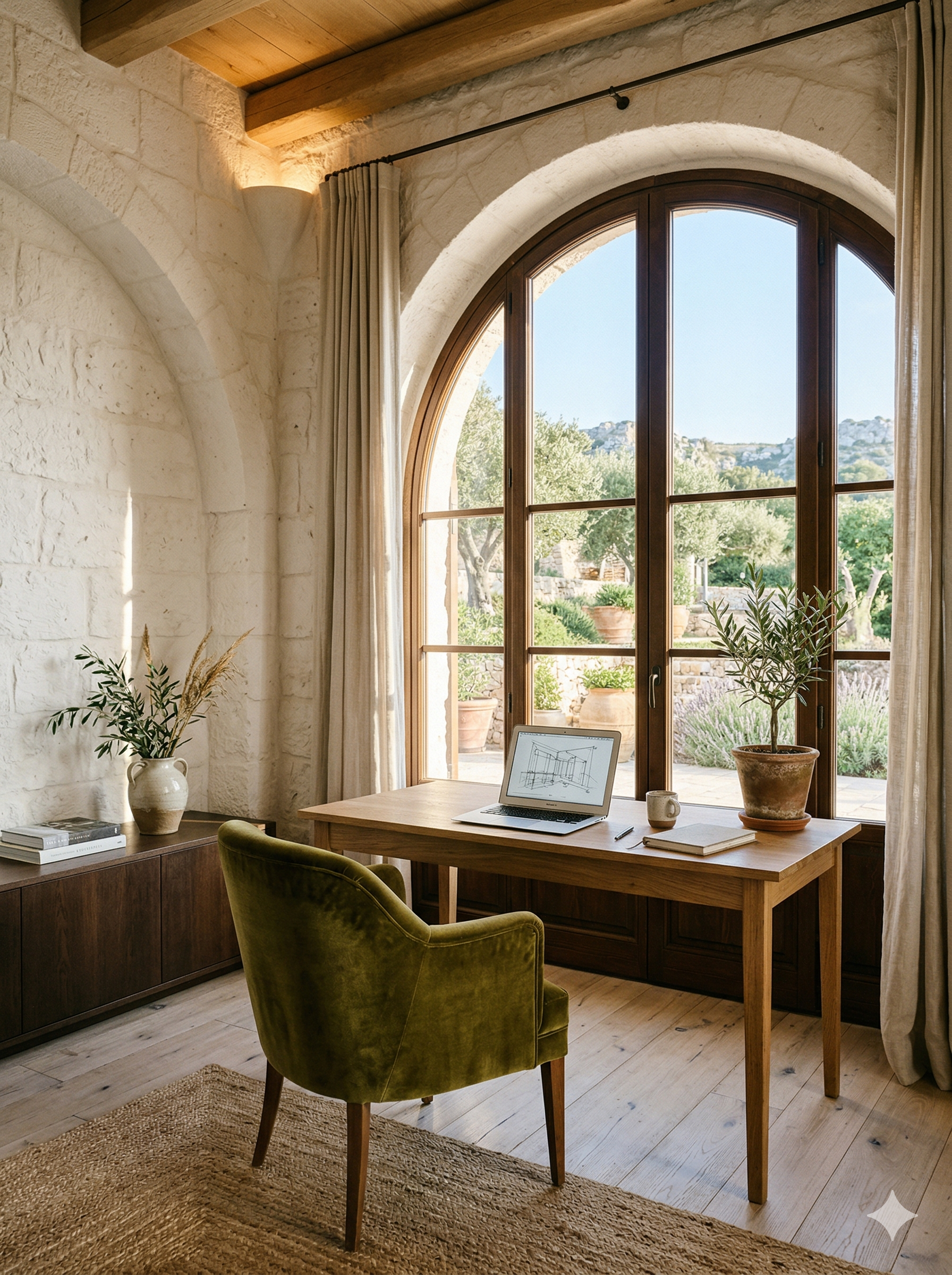 Oficina mediterránea elegante con ventana en arco, silla verde oliva y portátil