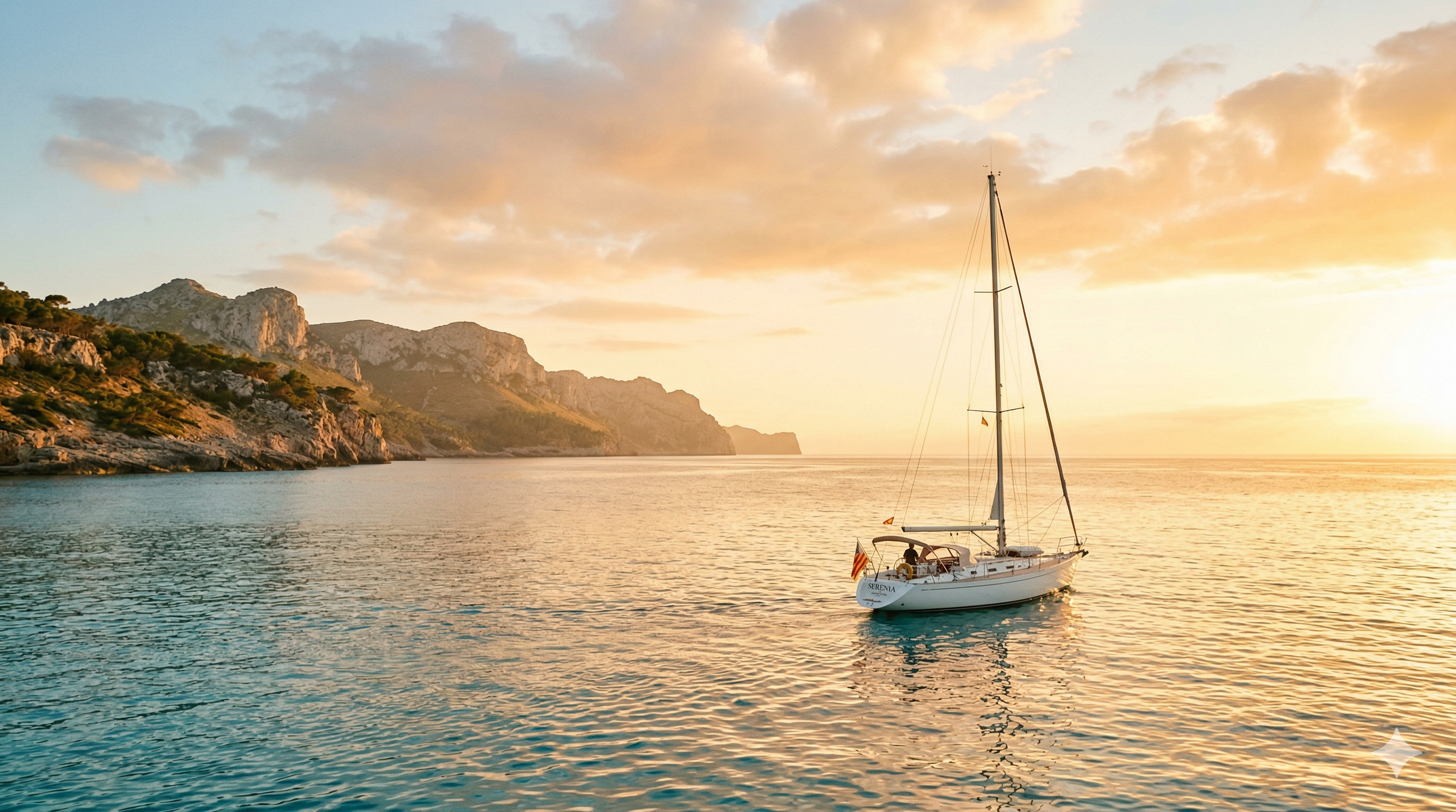 Velero en aguas turquesas de Mallorca al atardecer